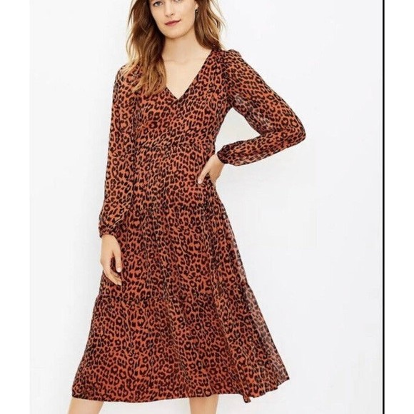 LOFT Dresses & Skirts - Ann Taylor Loft Dress Leopard Print Tiered V-Neck Midi Chiffon BOHO Chic Size 10